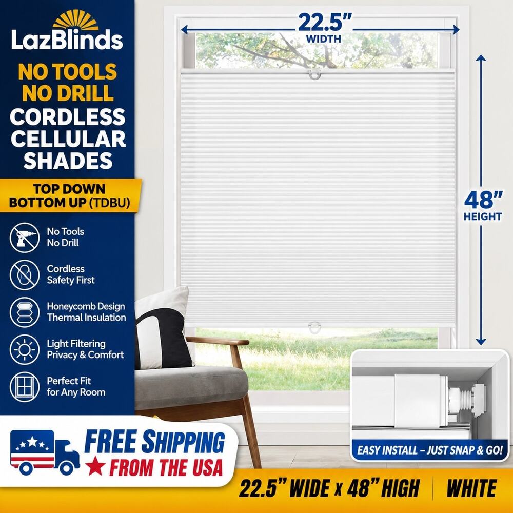 22.5 x 48" Cordless Cellular Shades No Tools No Drill Blind for Windows LazBlind
